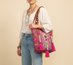 Shell Tassel Carnival Rose tote bag front view — Mystic Dhaga