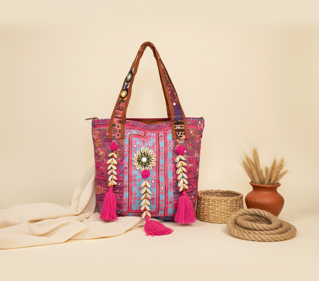 Shell Tassel Carnival Rose tote bag side view showing depth