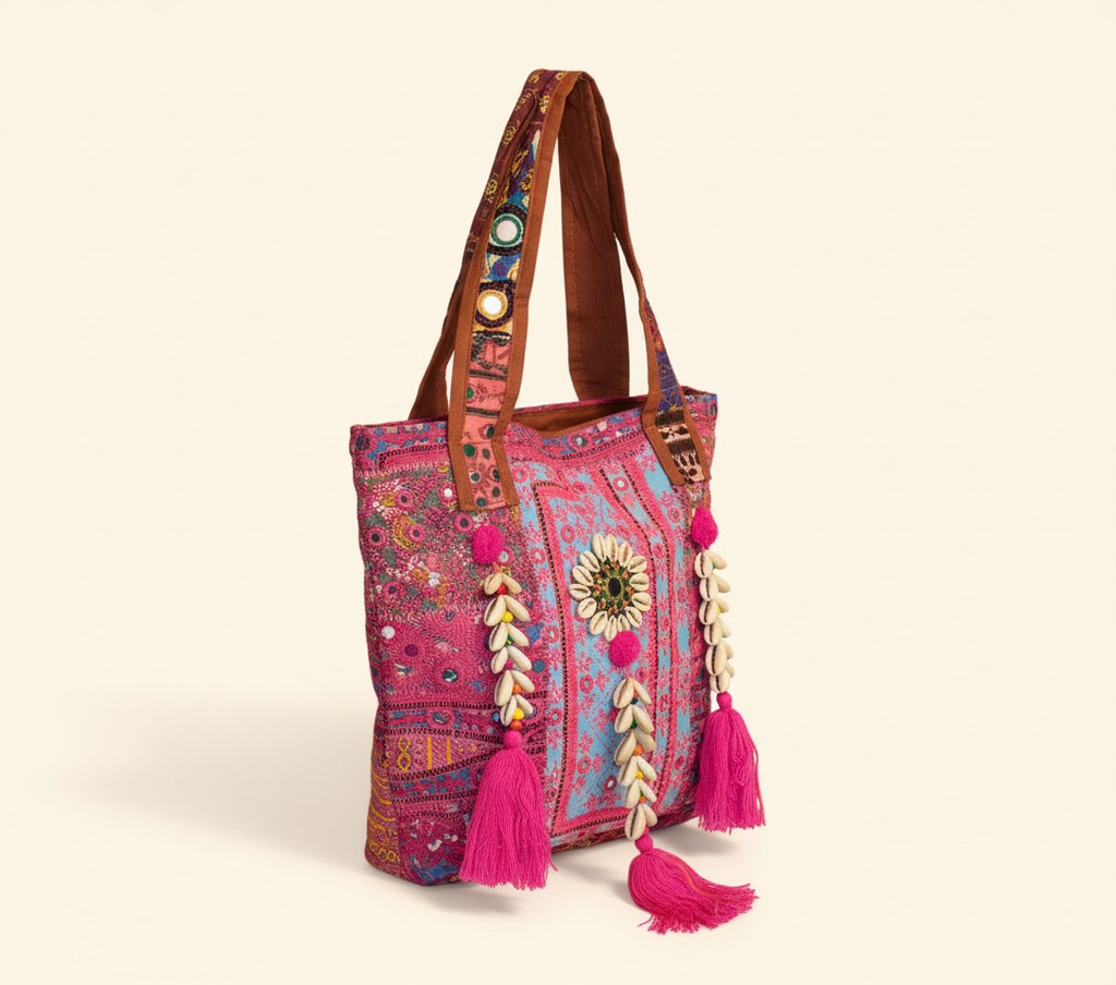 Shell Tassel Carnival Rose tote bag isometric angle