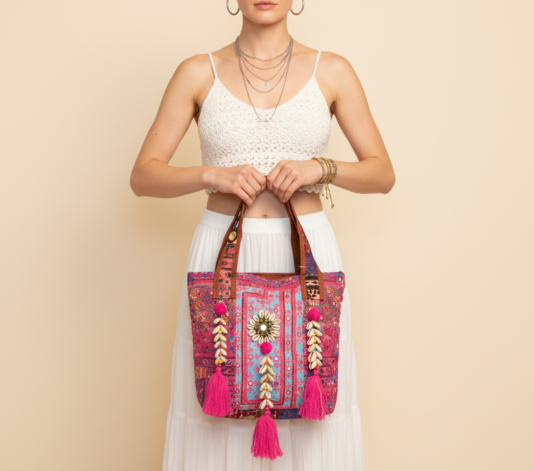 Model carrying Shell Tassel Carnival Rose tote bag — boho style