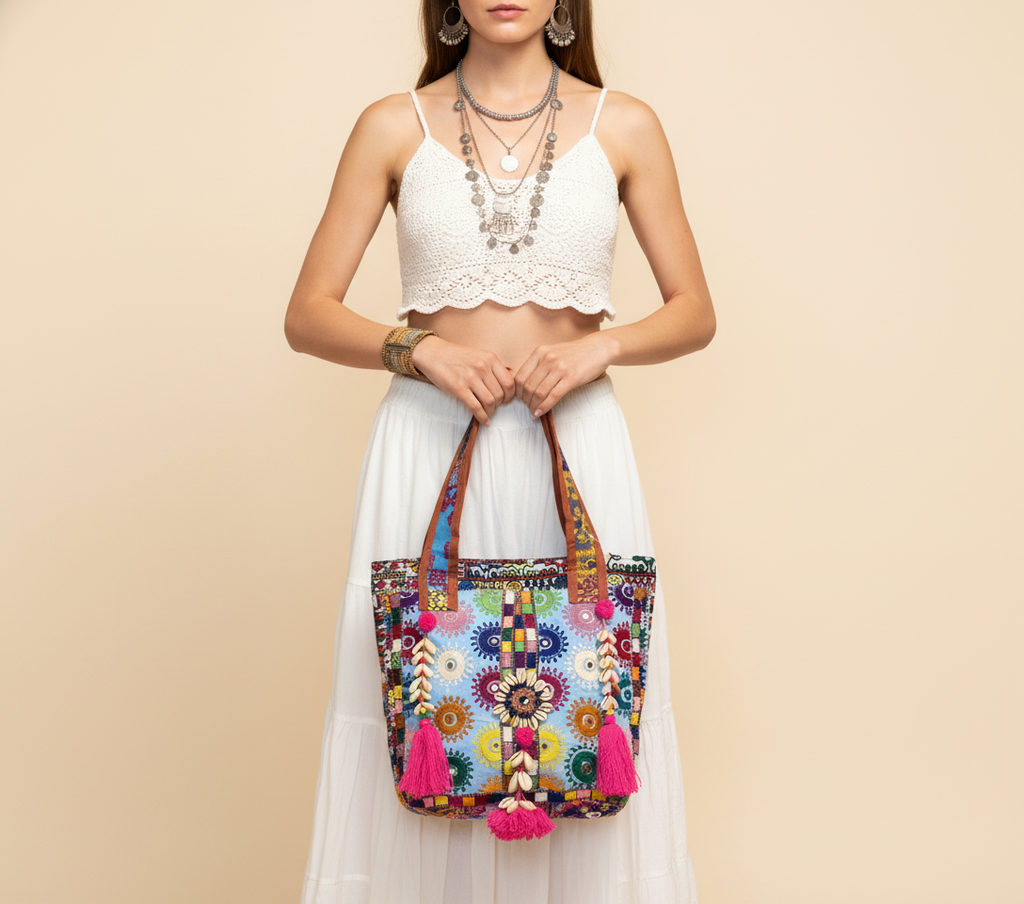 Shell Tassel Festival Mosaic tote bag front view — Mystic Dhaga