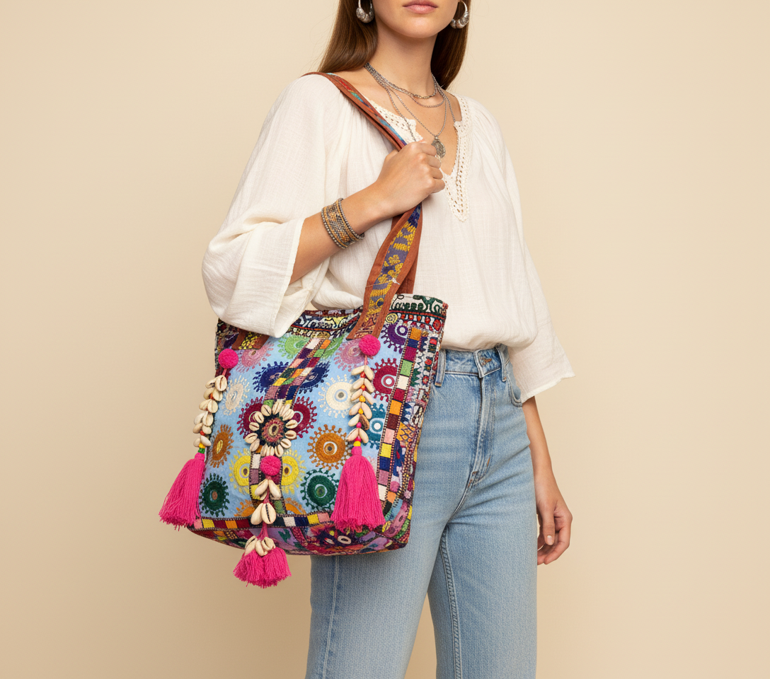 Model carrying Shell Tassel Festival Mosaic tote bag — boho style