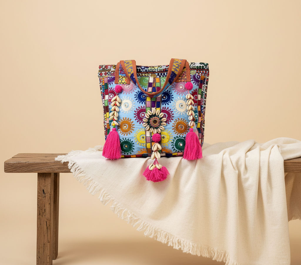 Model walking with Shell Tassel Festival Mosaic tote bag — lifestyle shot