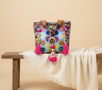 Model walking with Shell Tassel Festival Mosaic tote bag — lifestyle shot