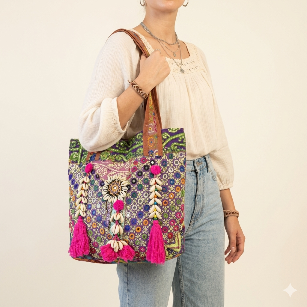 Shell Tassel Bohemia Spark tote bag front view — Mystic Dhaga