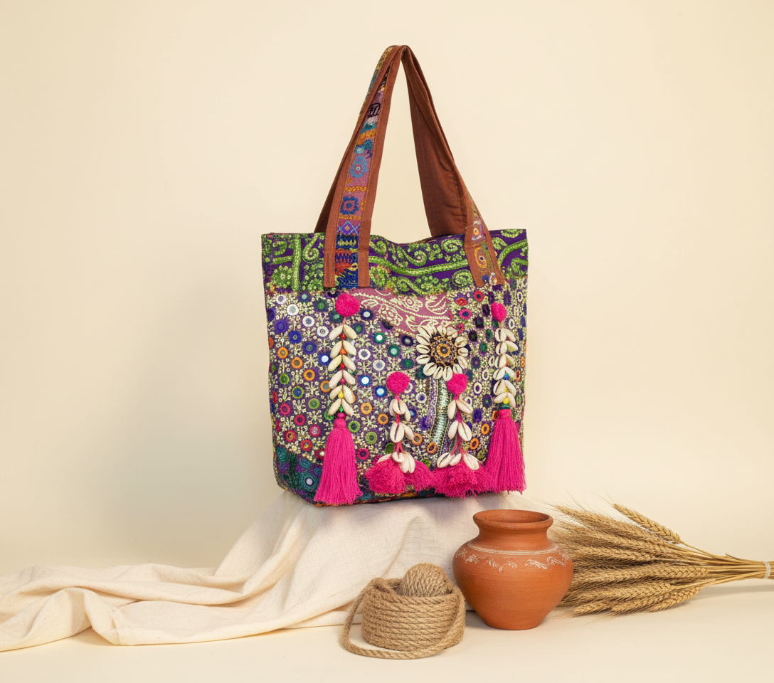 Shell Tassel Bohemia Spark tote bag side view showing depth