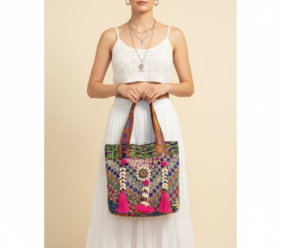 Shell Tassel Bohemia Spark tote bag isometric angle