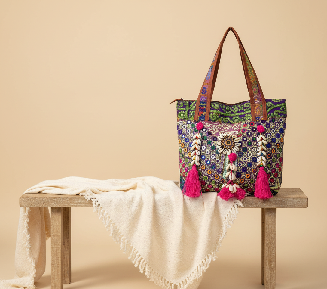 Close-up of Bohemia Spark cowrie shell & tassel detail