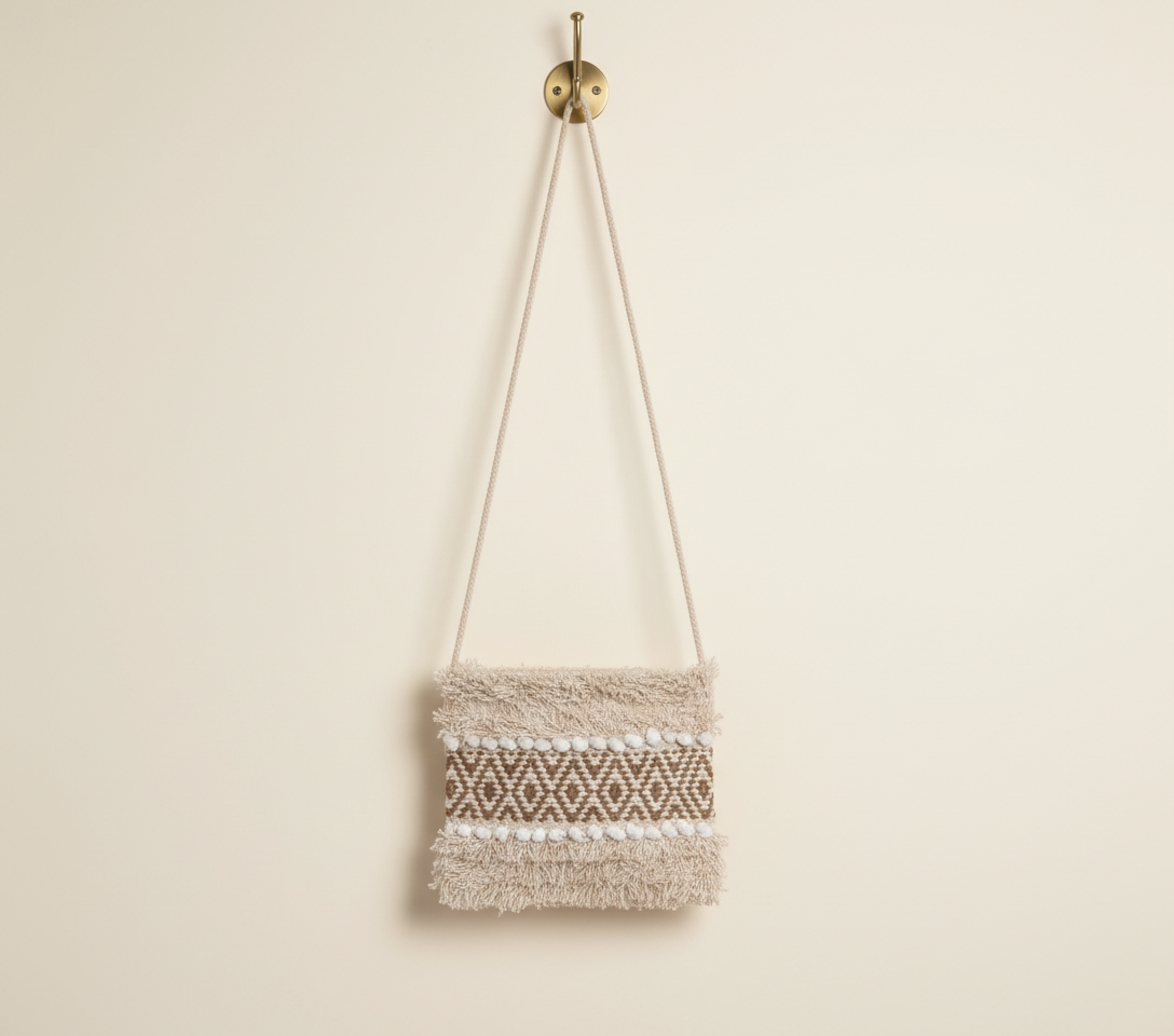 Woven Earth Dune Lattice sling bag front view — Mystic Dhaga