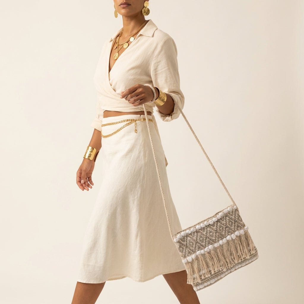 Woven Earth Sand Chevron sling bag front view — Mystic Dhaga