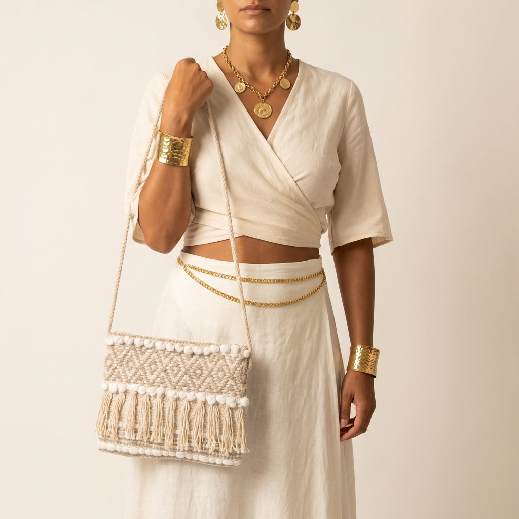 Woven Earth Sand Chevron sling bag side view showing strap