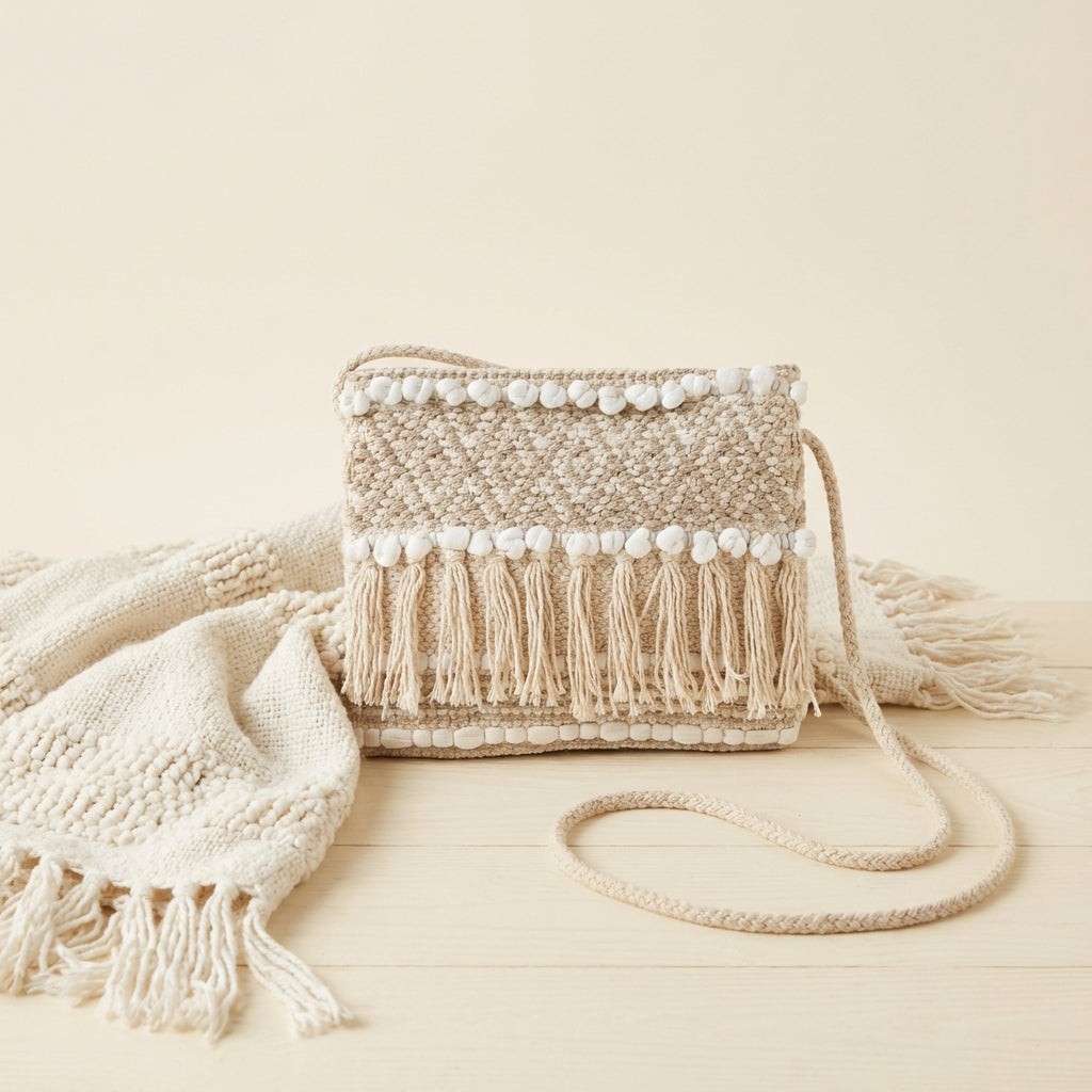 Model carrying Woven Earth Sand Chevron sling bag — boho style