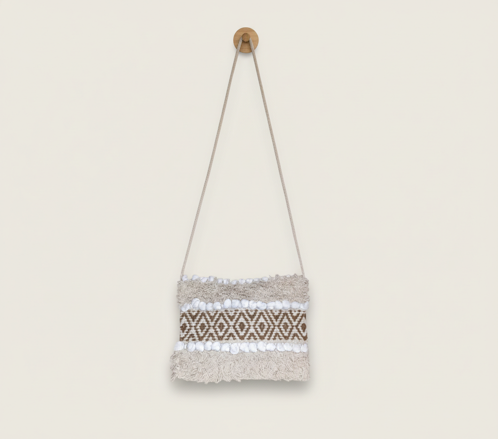Woven Earth Desert Grid sling bag front view — Mystic Dhaga