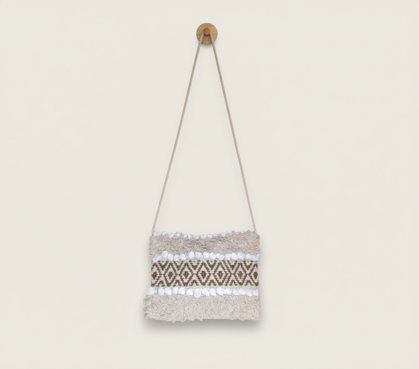 Woven Earth Desert Grid sling bag front view — Mystic Dhaga