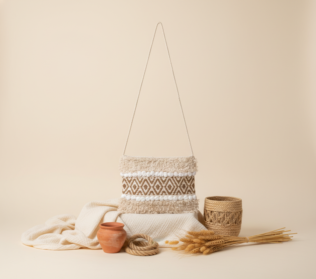 Model walking with Woven Earth Desert Grid sling bag — lifestyle shot