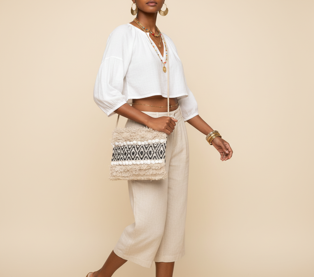Woven Earth Obsidian Weave sling bag front view — Mystic Dhaga