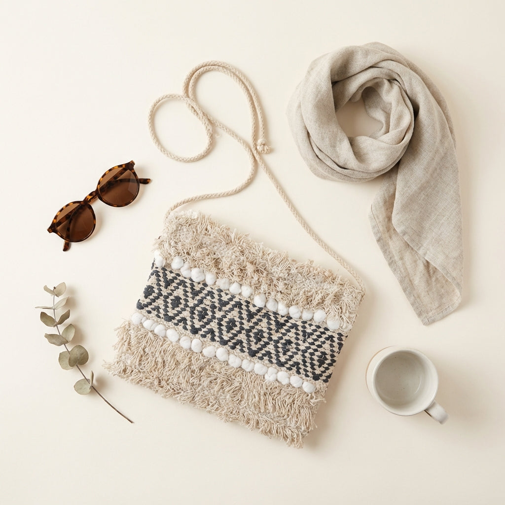 Model carrying Woven Earth Obsidian Weave sling bag — boho style