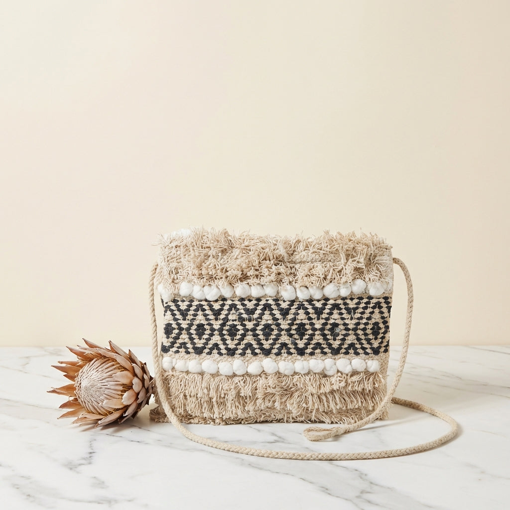 Model walking with Woven Earth Obsidian Weave sling bag — lifestyle shot