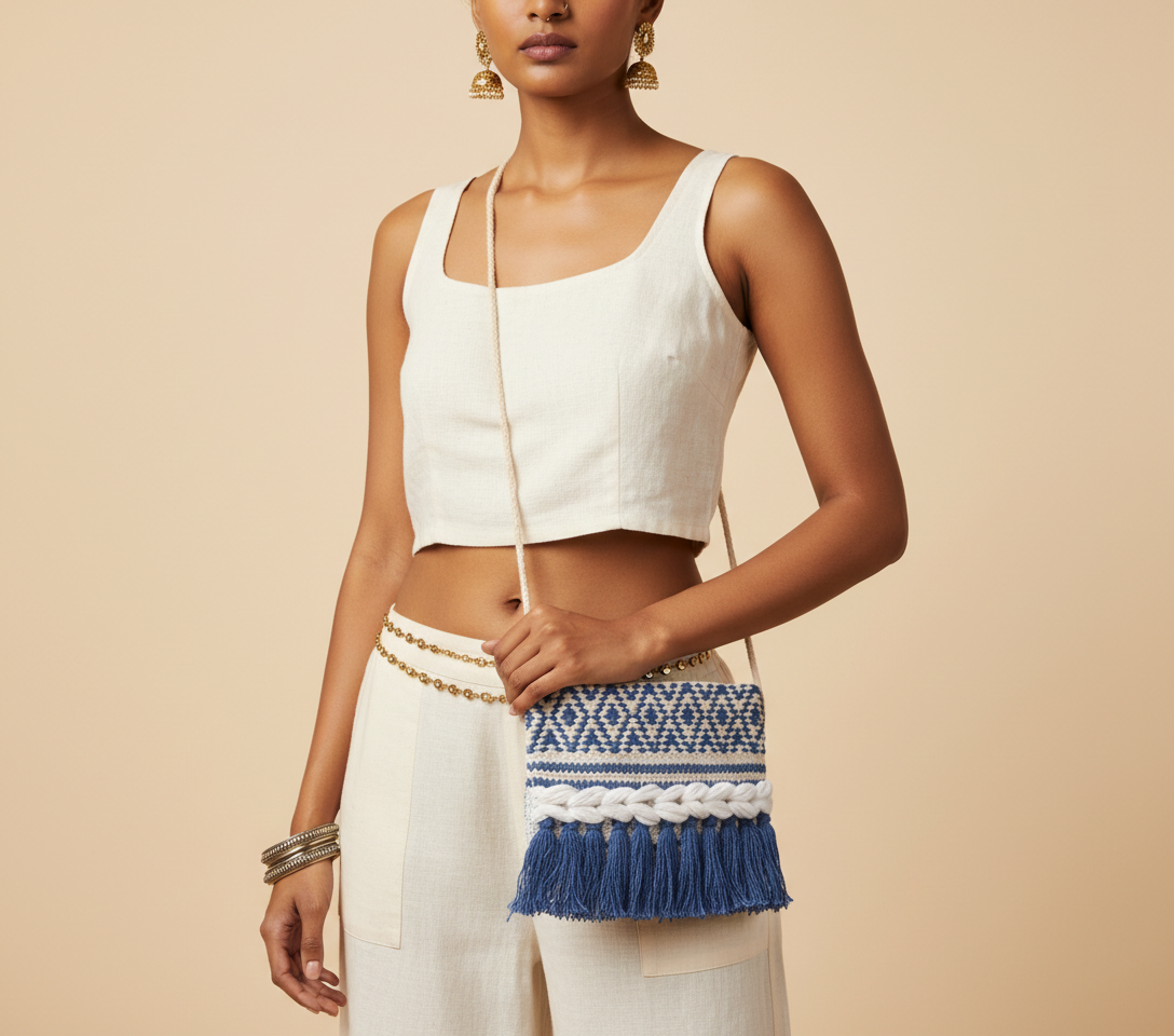 Woven Earth Indigo Chevron sling bag front view — Mystic Dhaga