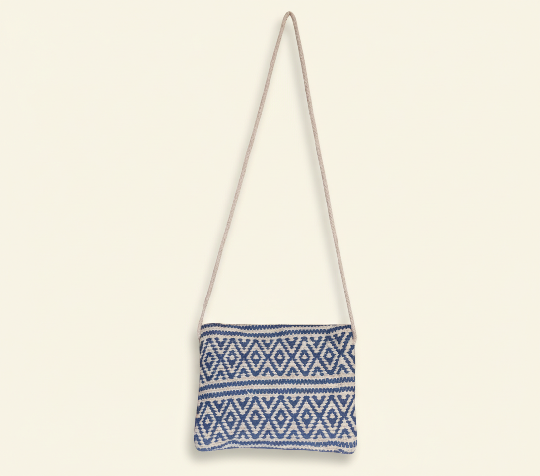 Woven Earth Indigo Chevron sling bag isometric angle
