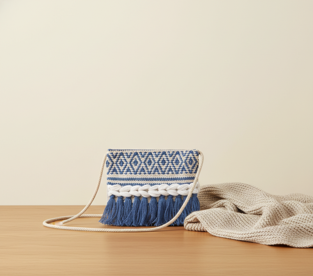 Close-up of Indigo Chevron artisan weave texture on sling bag