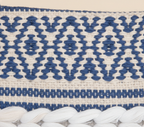 Model carrying Woven Earth Indigo Chevron sling bag — boho style