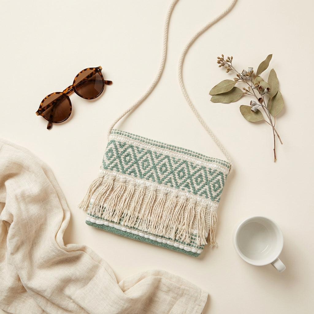 Woven Earth Sage Lattice sling bag front view — Mystic Dhaga