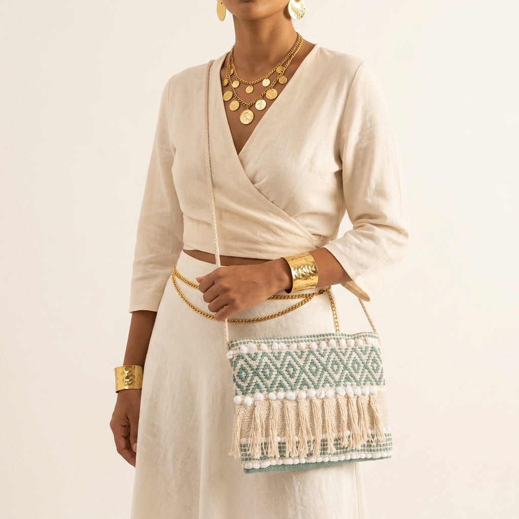 Woven Earth Sage Lattice sling bag isometric angle