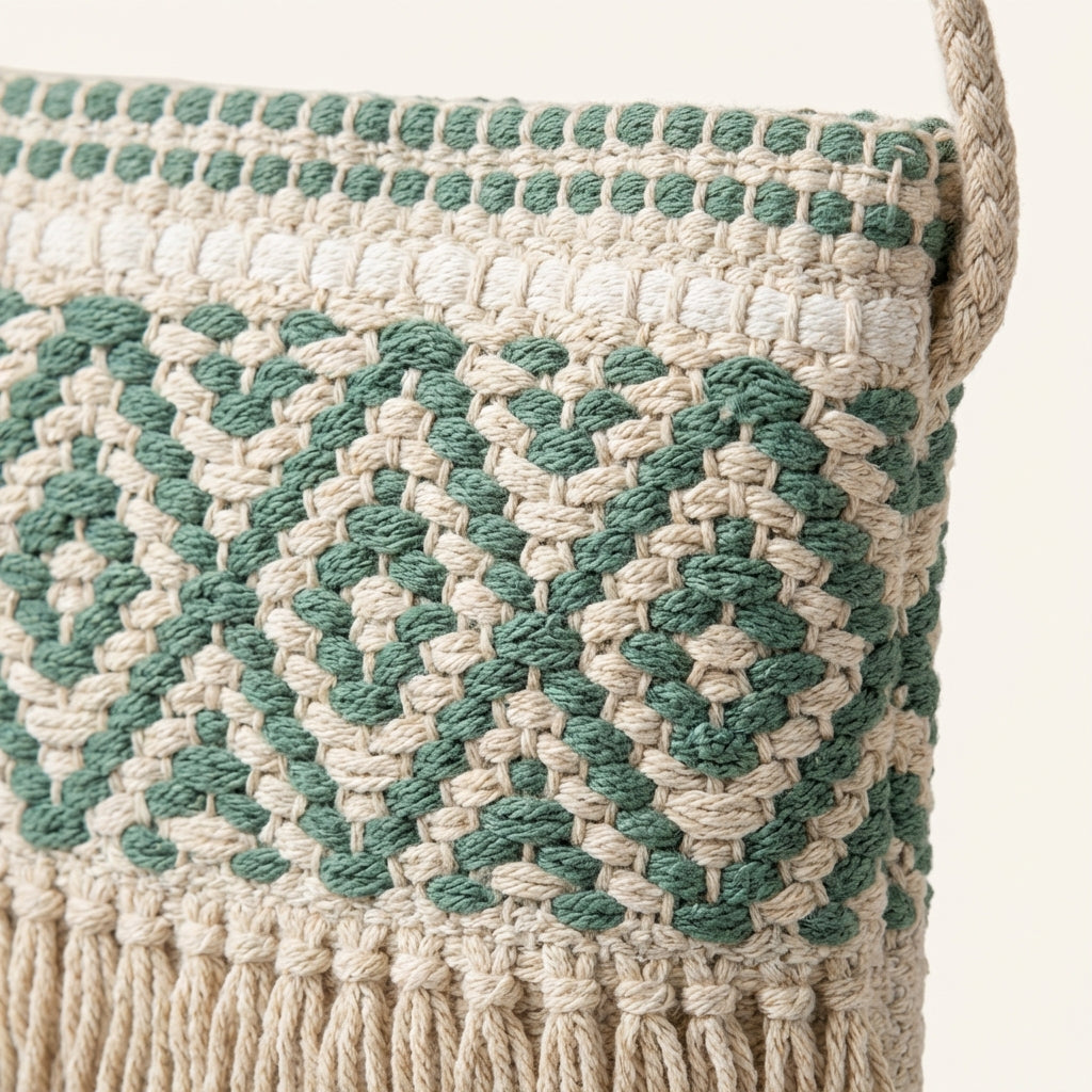 Close-up of Sage Lattice artisan weave texture on sling bag