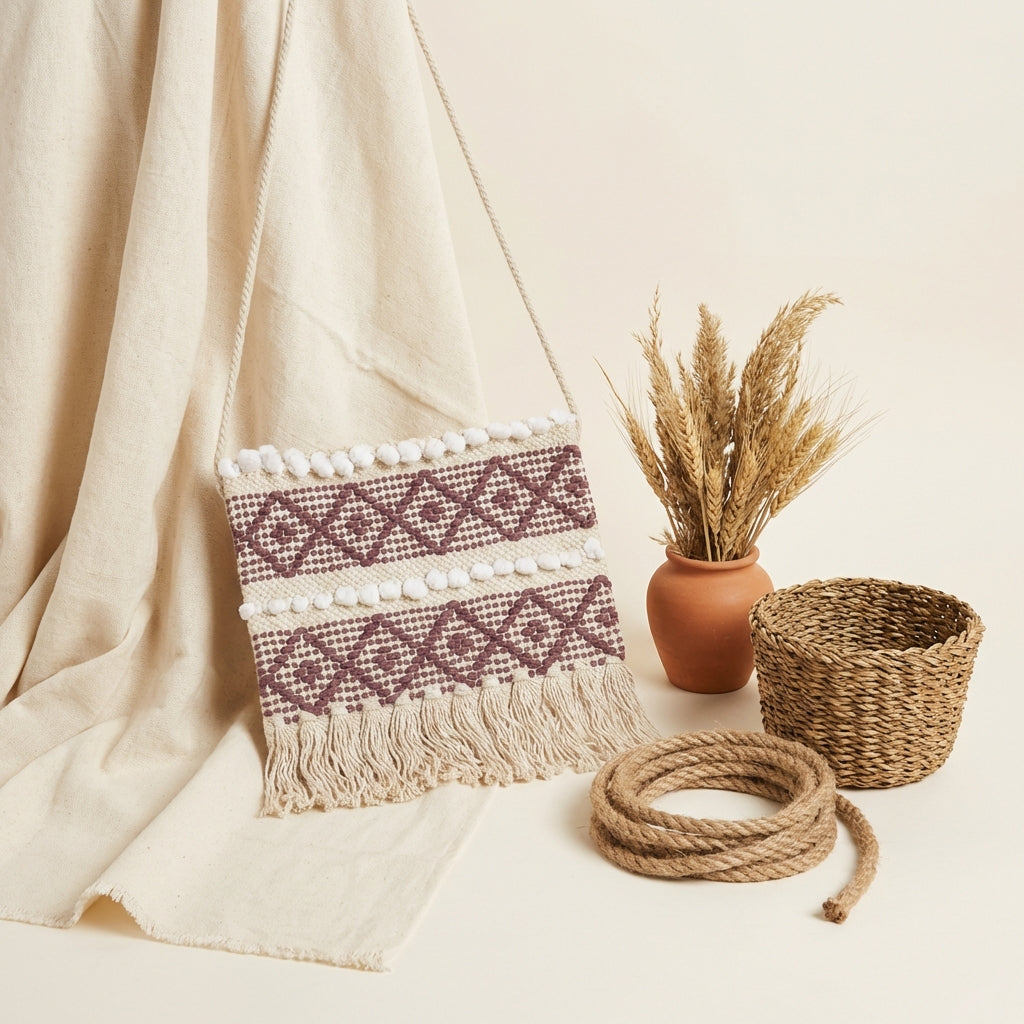 Woven Earth Ember Twill sling bag side view showing strap