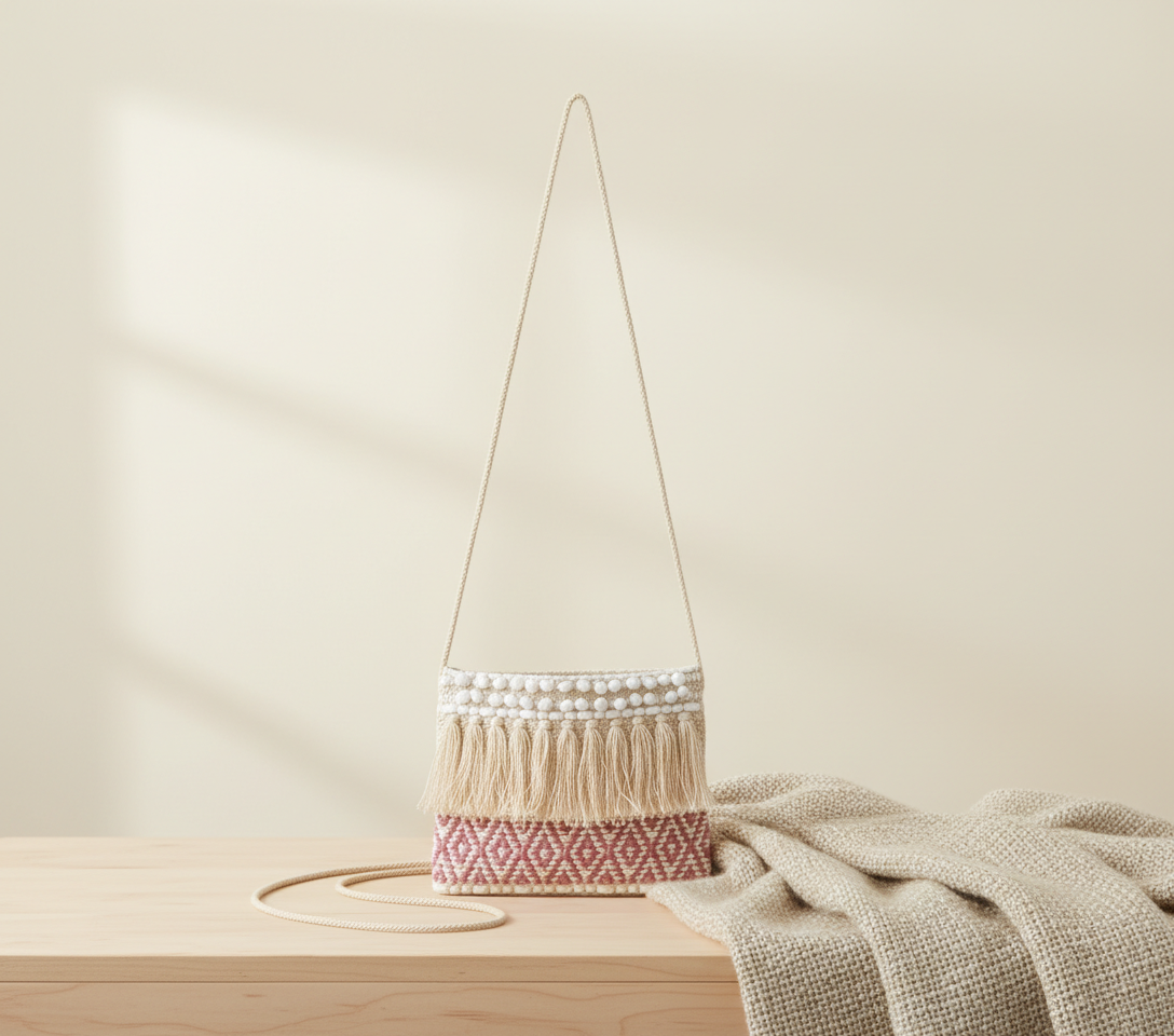 Woven Earth Blush Lattice sling bag side view showing strap