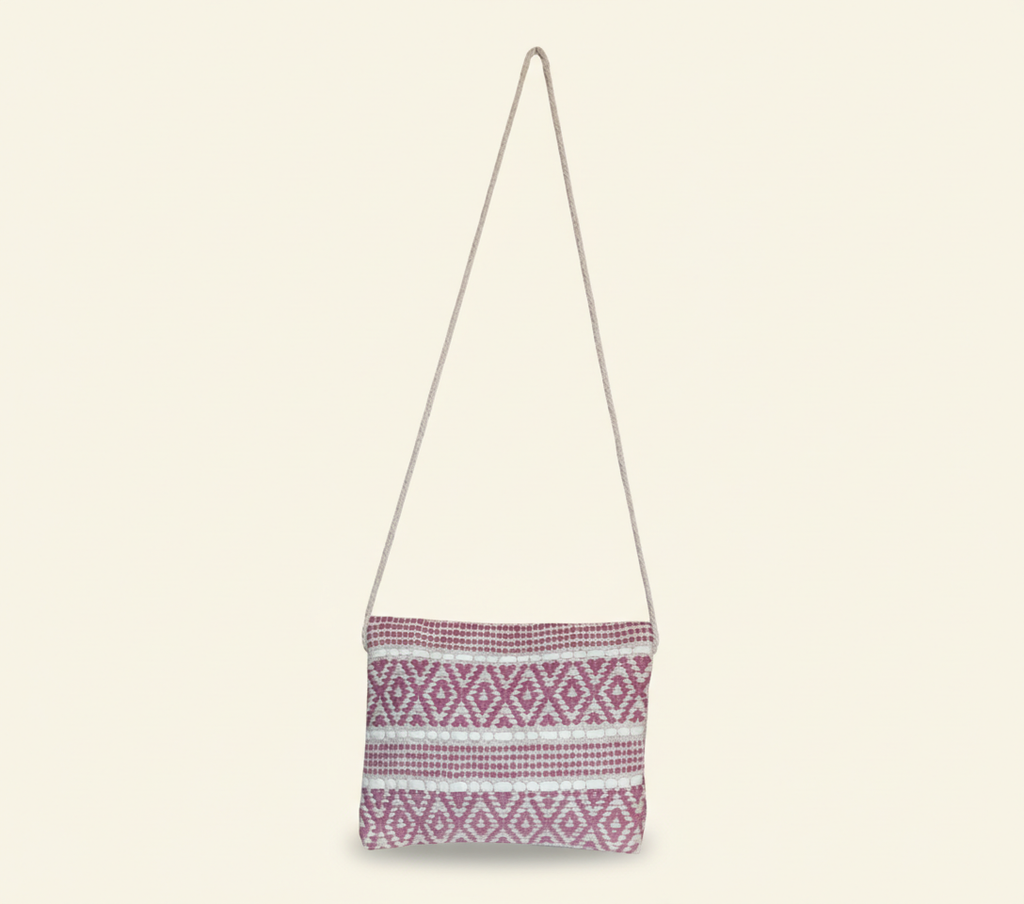 Woven Earth Blush Lattice sling bag isometric angle
