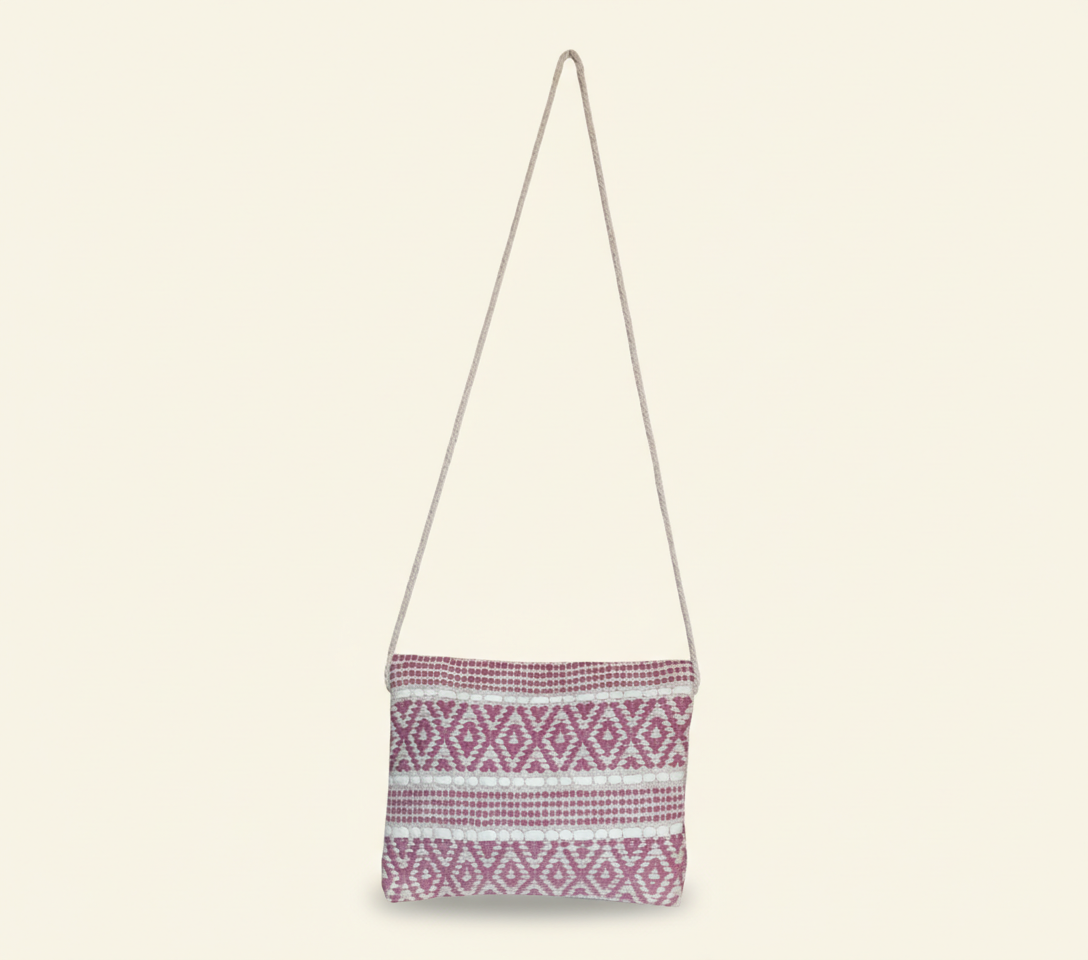 Woven Earth Blush Lattice sling bag isometric angle
