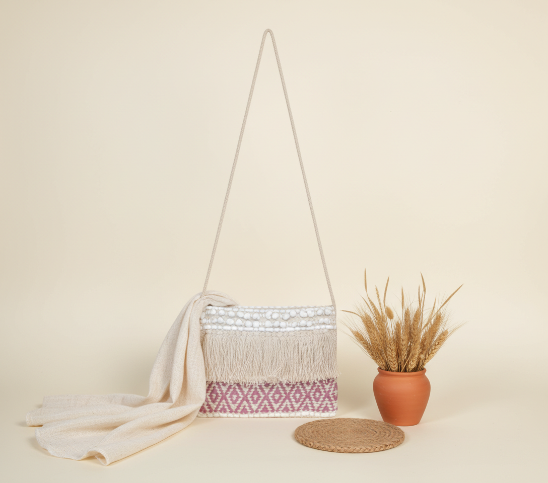 Model carrying Woven Earth Blush Lattice sling bag — boho style