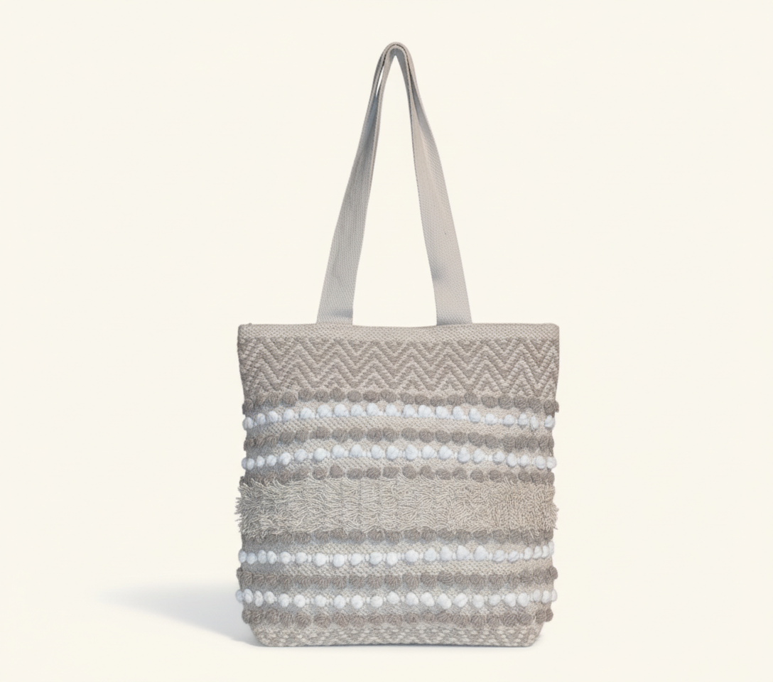 Woven Earth Dune Crosshatch tote bag front view — Mystic Dhaga