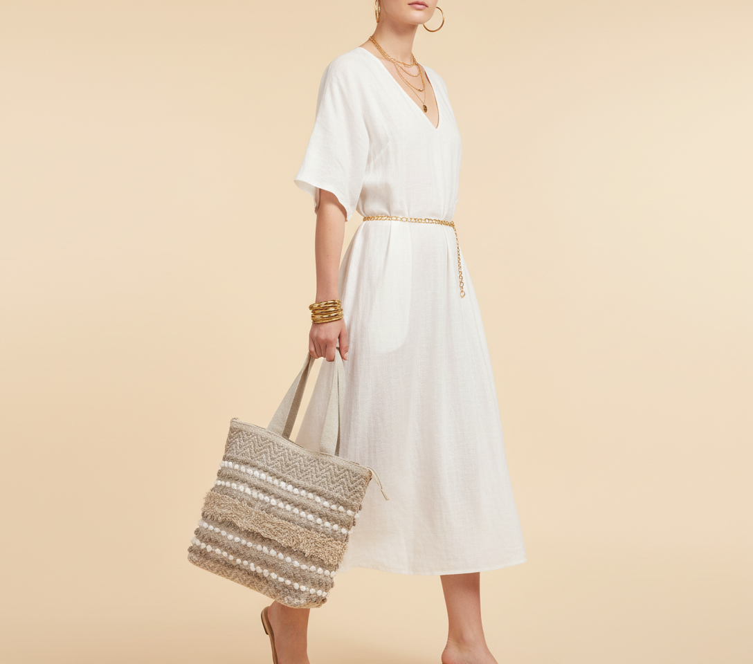 Woven Earth Dune Crosshatch tote bag side view showing depth