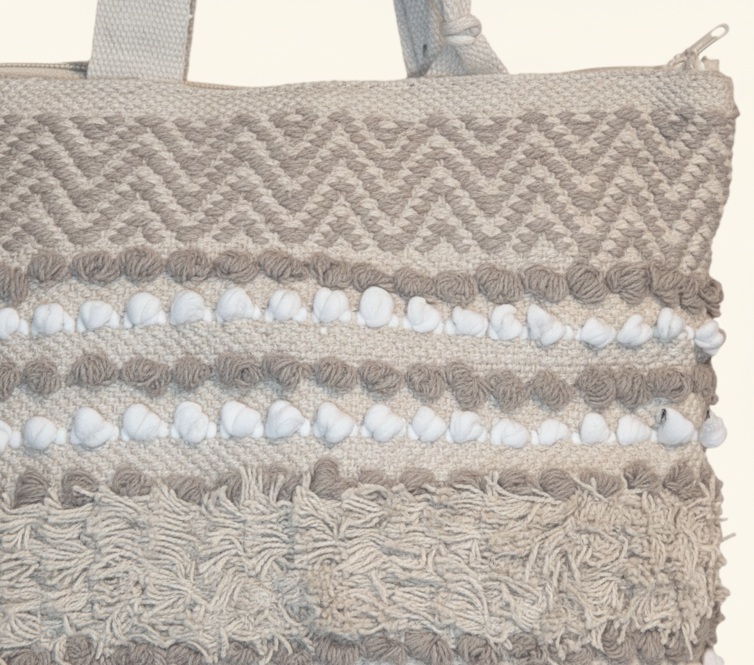 Close-up of Dune Crosshatch artisan weave texture on tote bag