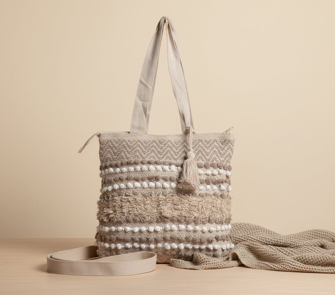 Model carrying Woven Earth Dune Crosshatch tote bag — boho style