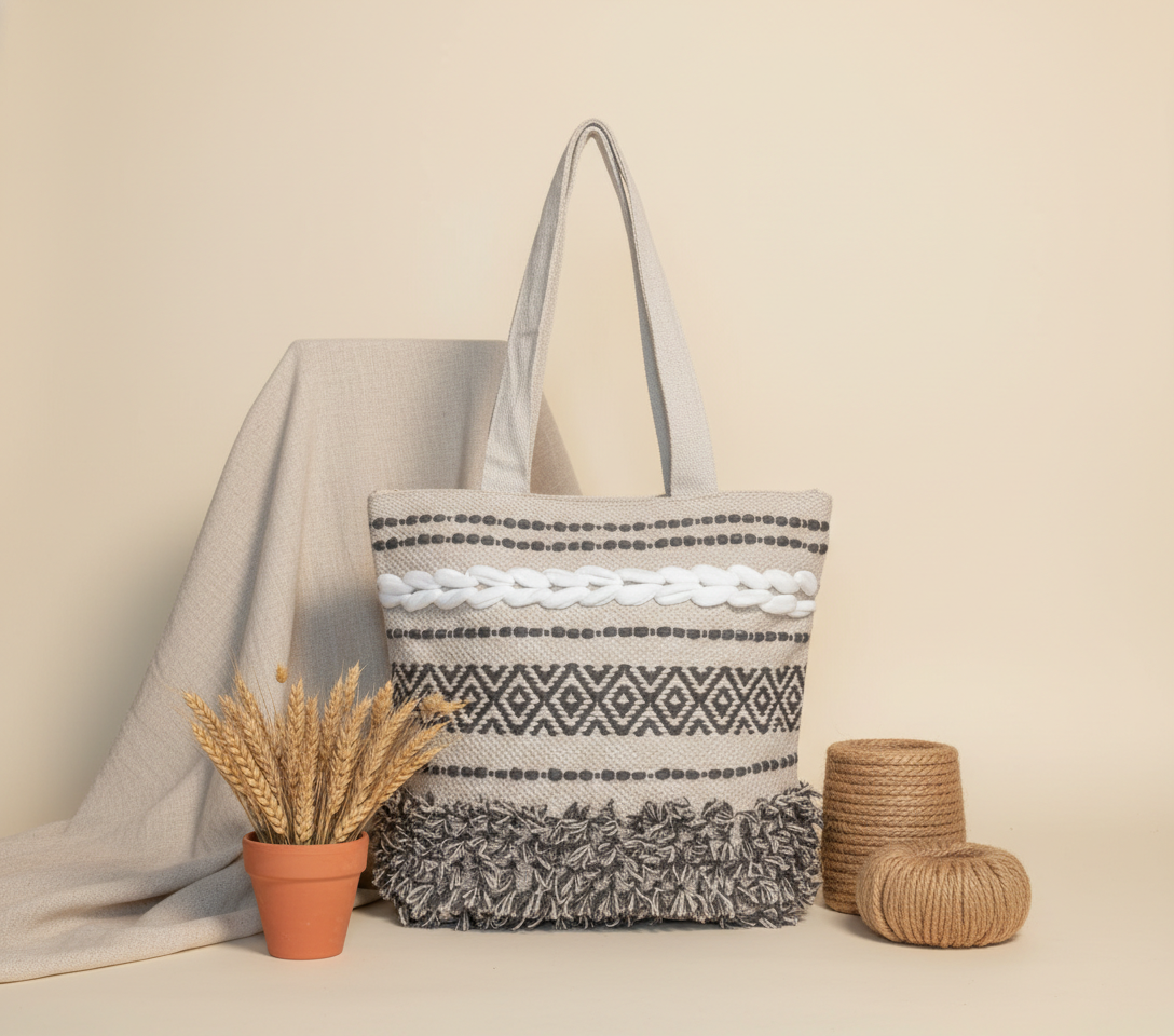 Woven Earth Midnight Lattice tote bag front view — Mystic Dhaga