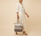 Woven Earth Midnight Lattice tote bag side view showing depth