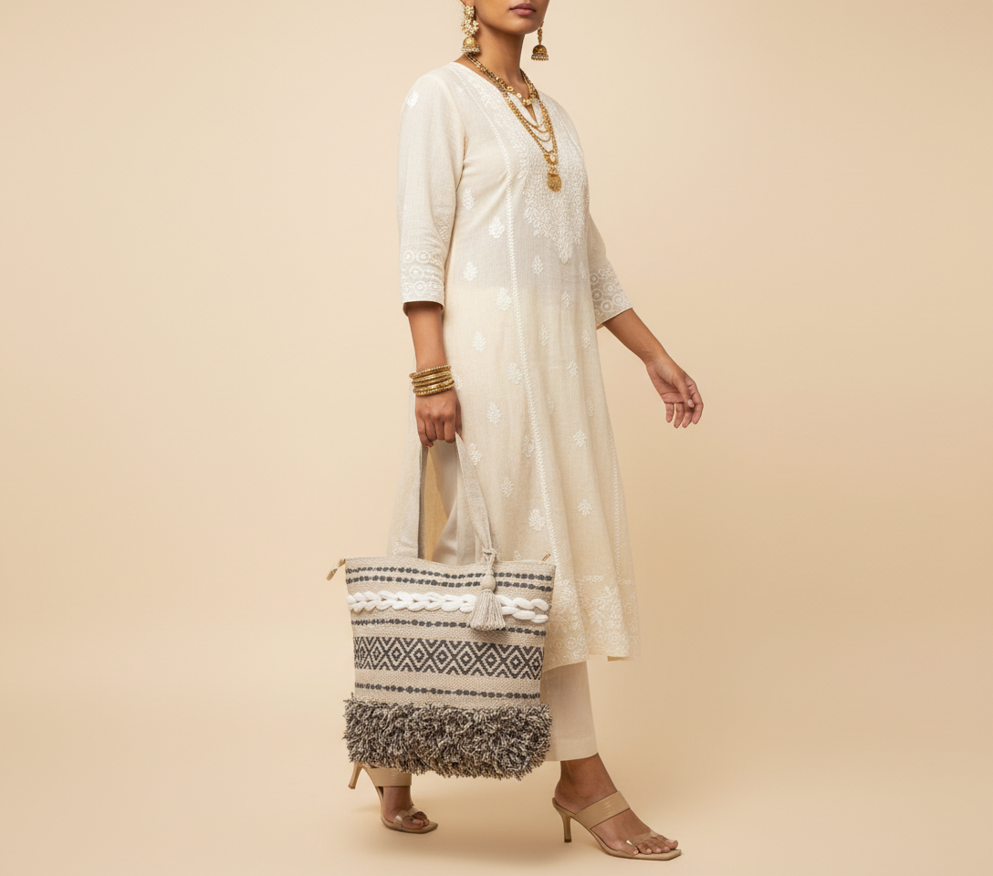 Woven Earth Midnight Lattice tote bag side view showing depth