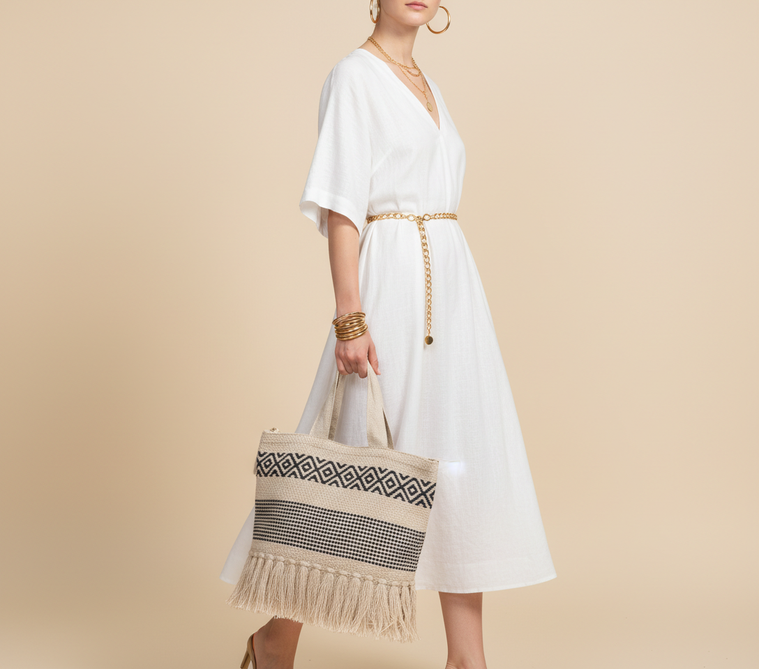 Woven Earth Onyx Chevron tote bag front view — Mystic Dhaga
