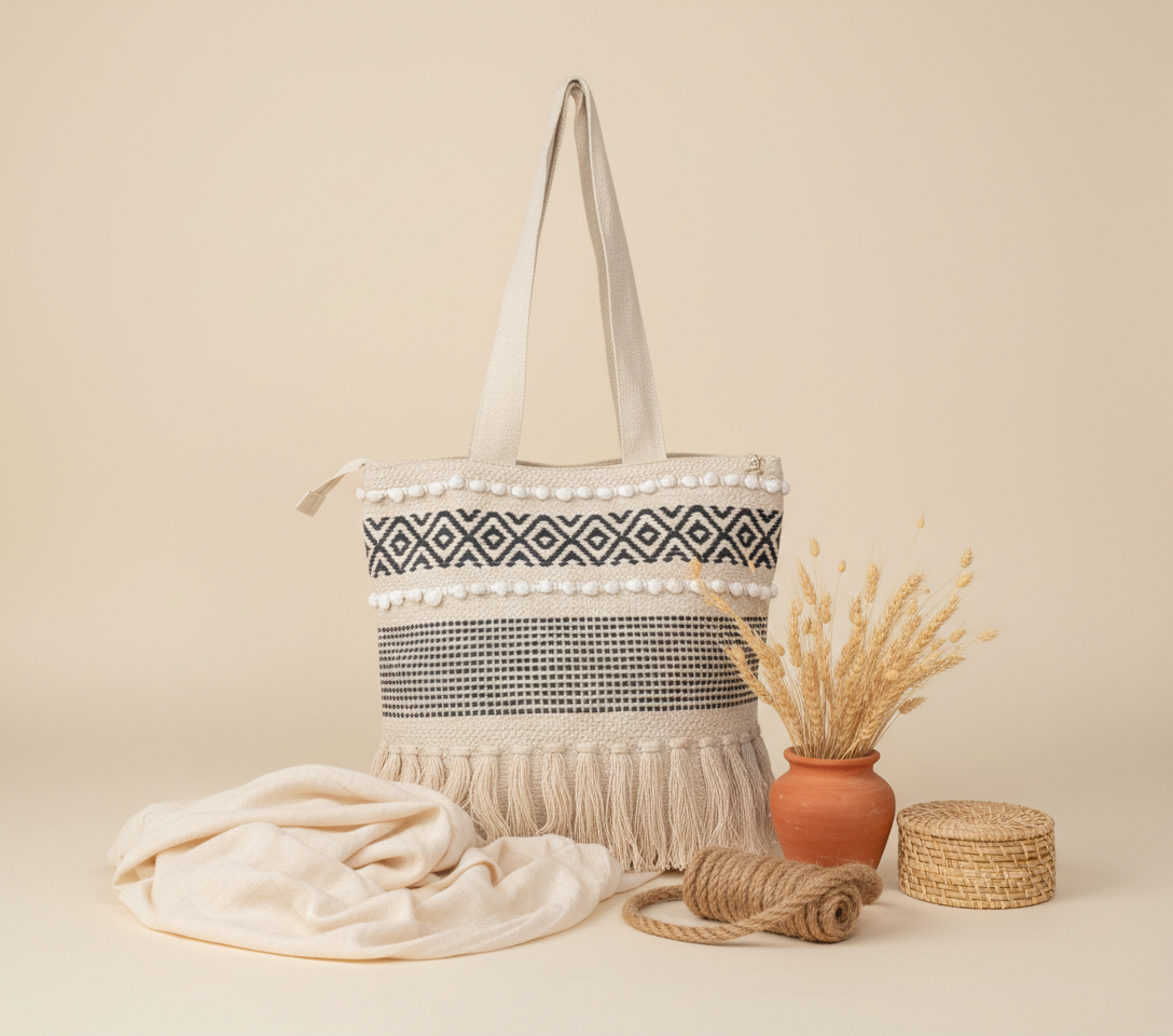 Woven Earth Onyx Chevron tote bag side view showing depth