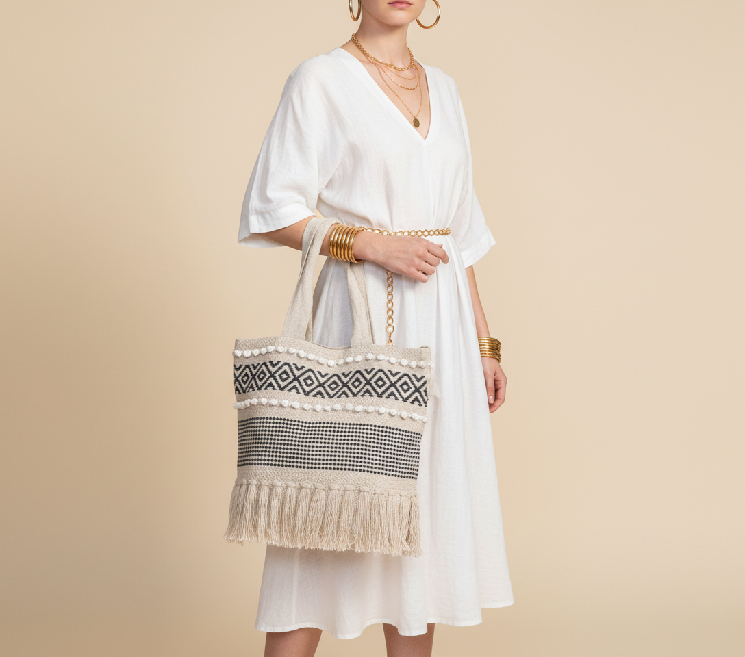 Model walking with Woven Earth Onyx Chevron tote bag — lifestyle shot