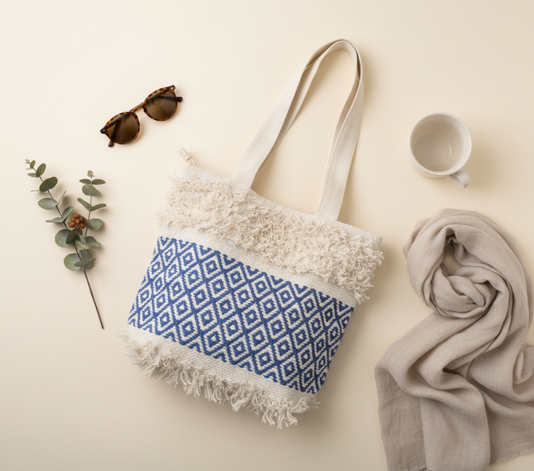 Woven Earth Ocean Lattice tote bag front view — Mystic Dhaga