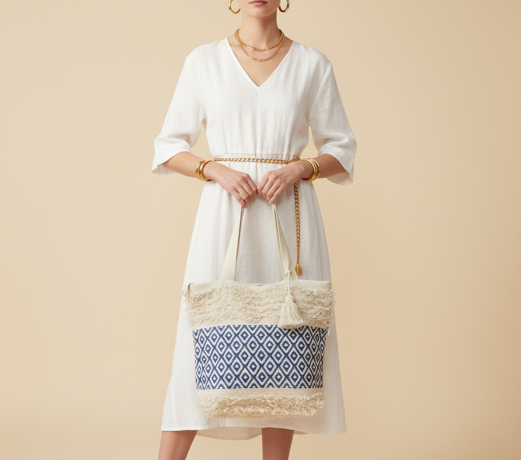 Woven Earth Ocean Lattice tote bag side view showing depth