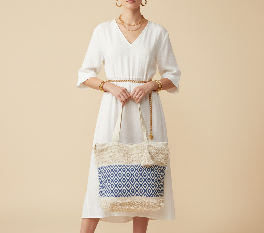 Woven Earth Ocean Lattice tote bag side view showing depth