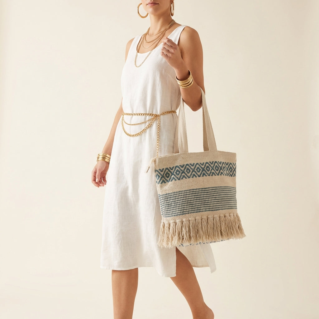 Woven Earth Indigo Grid tote bag front view — Mystic Dhaga