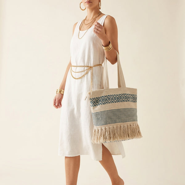 Woven Earth Indigo Grid tote bag front view — Mystic Dhaga