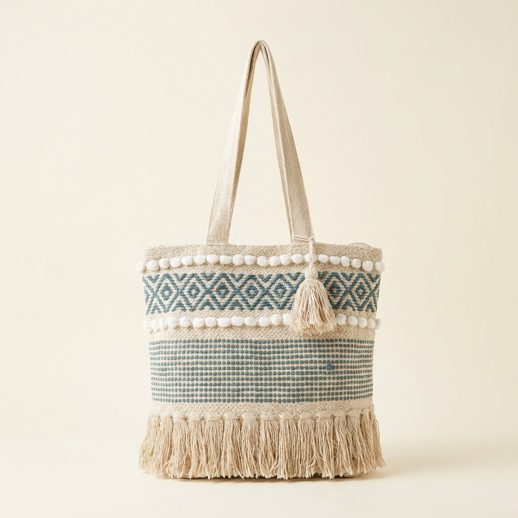 Woven Earth Indigo Grid tote bag side view showing depth